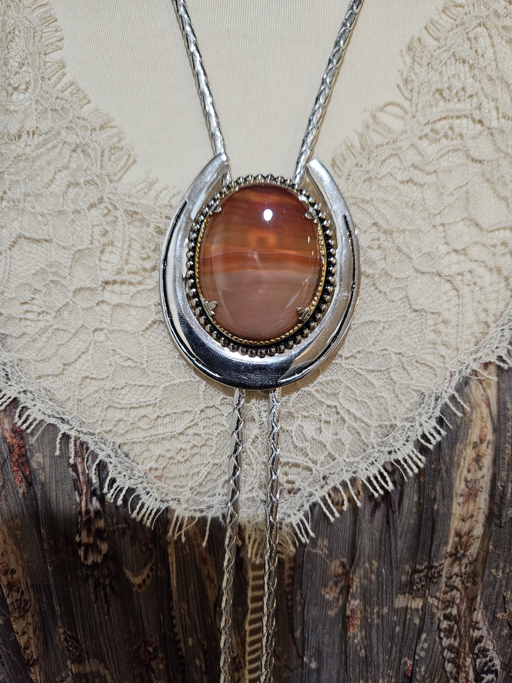 Silver bolo Necklace with Orange Agate Pendant - Picture 2 of 2